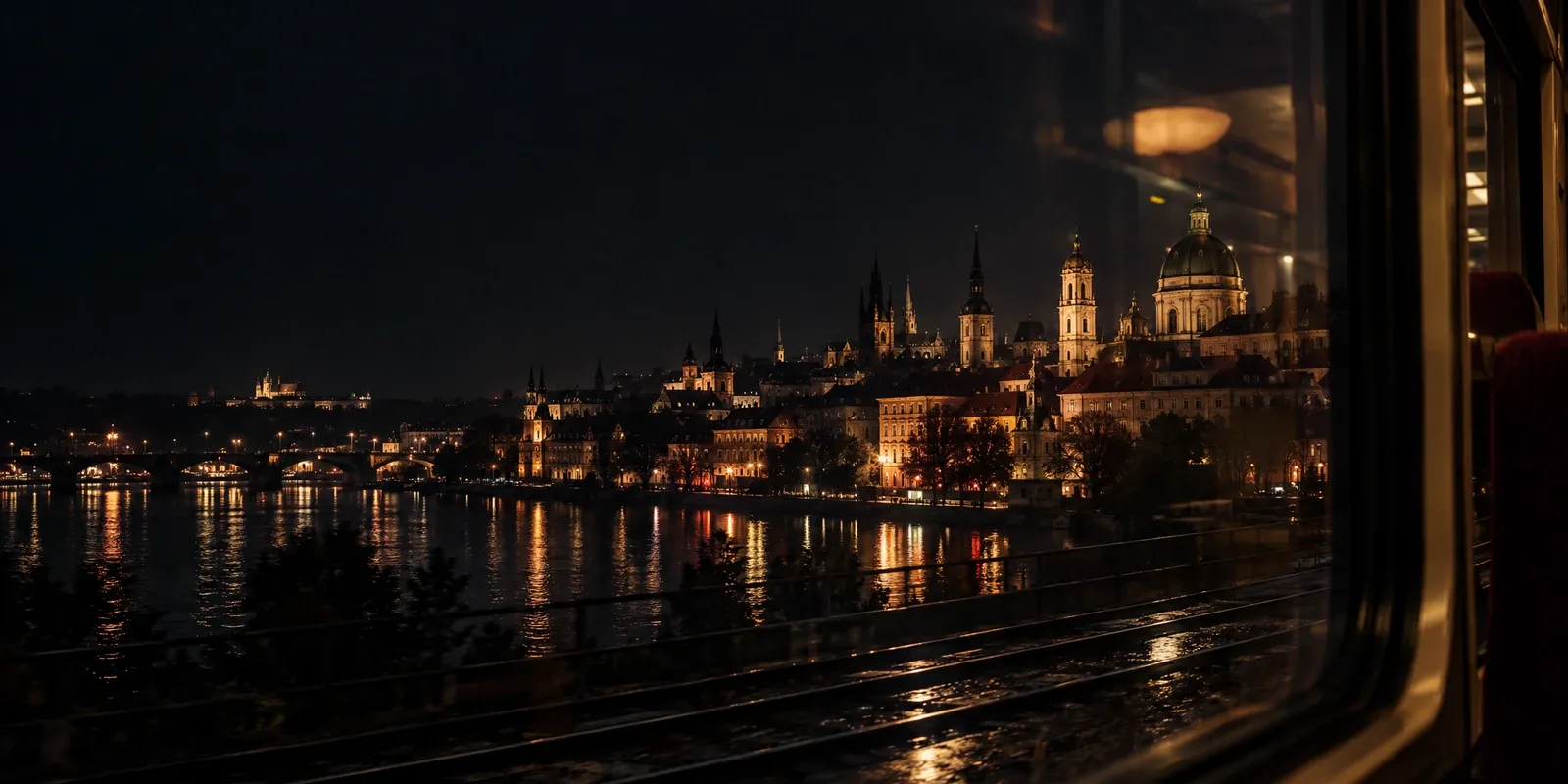 A European old town of domes and spires lit across a river at night, seen through a train window with the carriage lamp reflected in the glass.