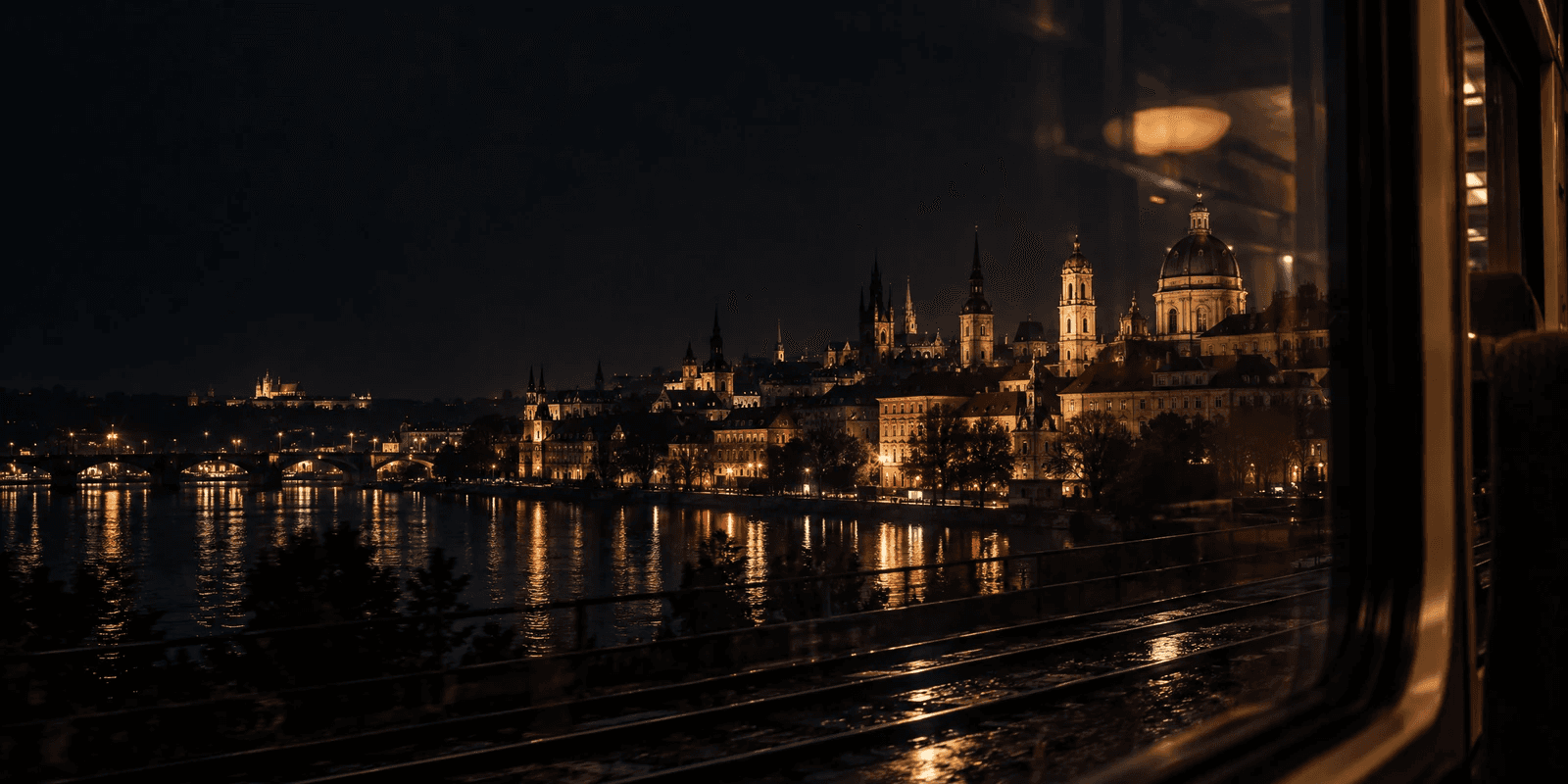 A European old town of domes and spires lit across a river at night, seen through a train window with the carriage lamp reflected in the glass.