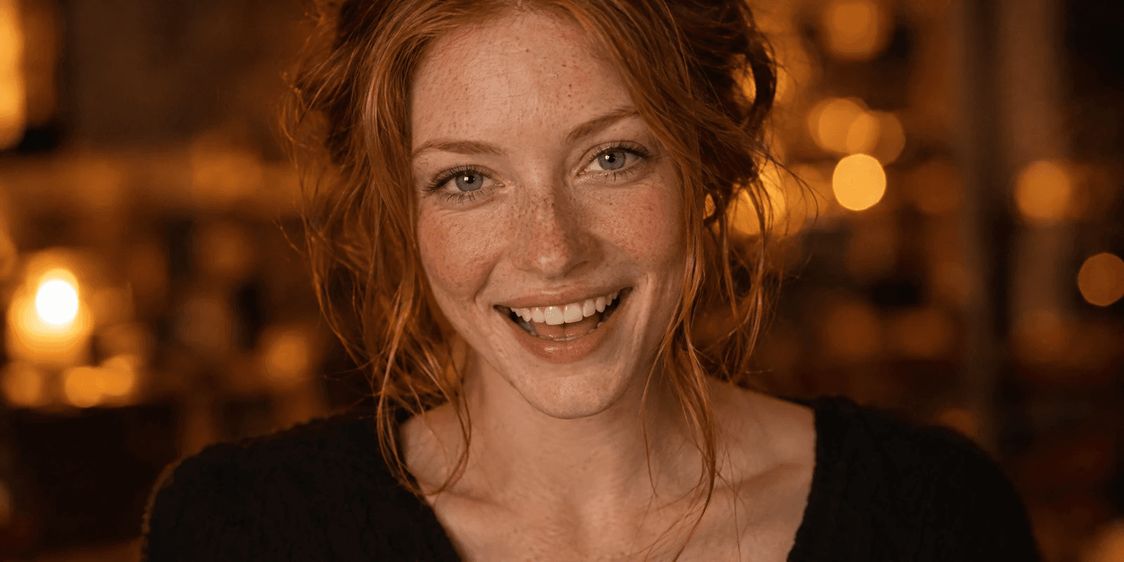 A woman in her late twenties with red hair loosely pinned up and freckles across her face, in a black scoop-neck knit, smiling broadly in warm candlelight, with a blurred candle flame and amber lights behind her.