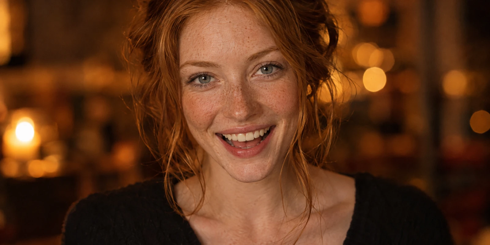 A woman in her late twenties with red hair loosely pinned up and freckles across her face, in a black scoop-neck knit, smiling broadly in warm candlelight, with a blurred candle flame and amber lights behind her.