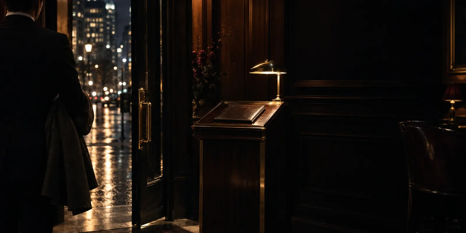 A man with a coat over his arm at an open door onto a wet street, beside a lit brass lamp on a wooden lectern.