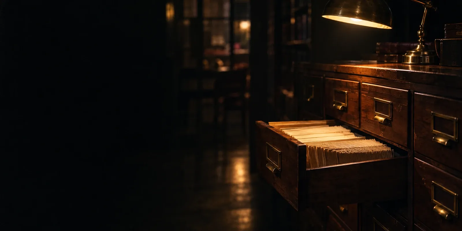 An open card-index drawer packed with filing cards, under a brass desk lamp in a dark library.