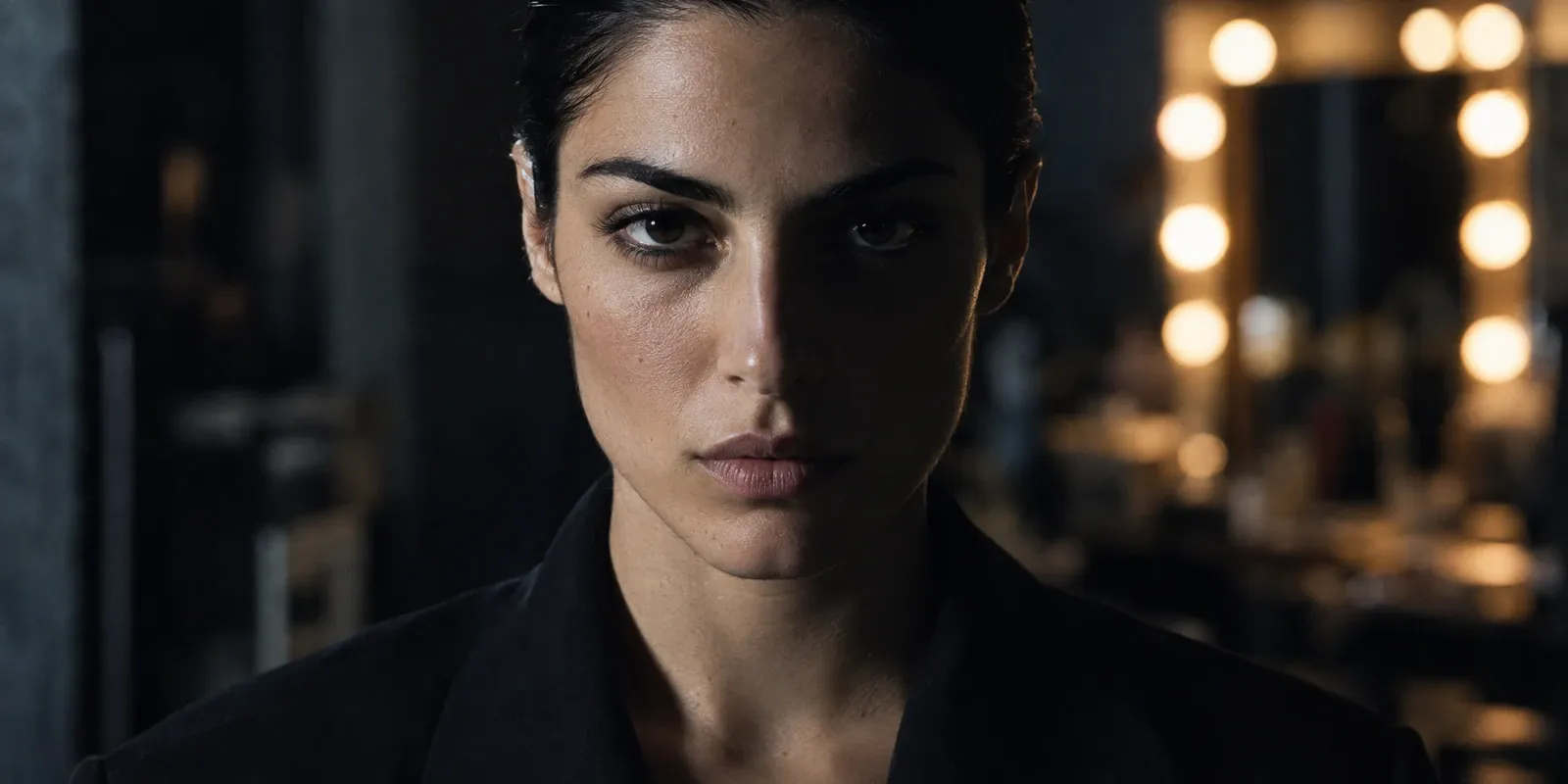 A woman in her mid-twenties with dark hair pulled back, in a black blazer, lit hard from one side against near-darkness, unsmiling and looking into the lens, a blurred row of mirror bulbs behind her.