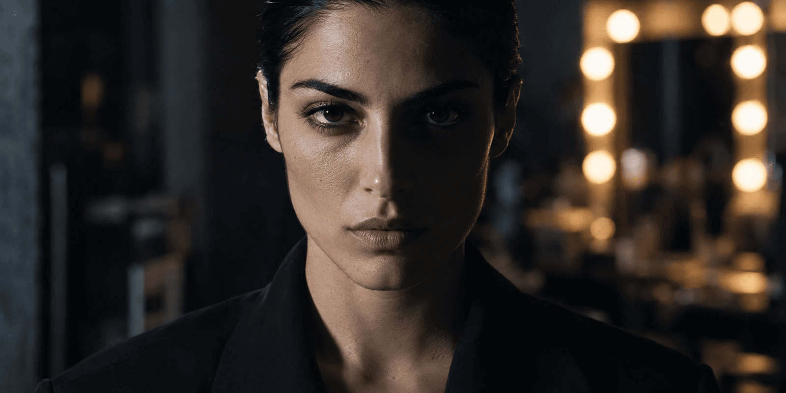 A woman in her mid-twenties with dark hair pulled back, in a black blazer, lit hard from one side against near-darkness, unsmiling and looking into the lens, a blurred row of mirror bulbs behind her.