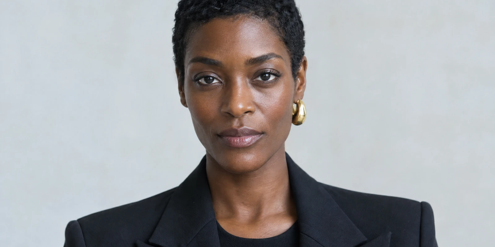 A woman in her early thirties with closely cropped hair and a gold hoop earring, in a black blazer over a black top, evenly lit in bright neutral light against a plain pale grey wall, her expression level.