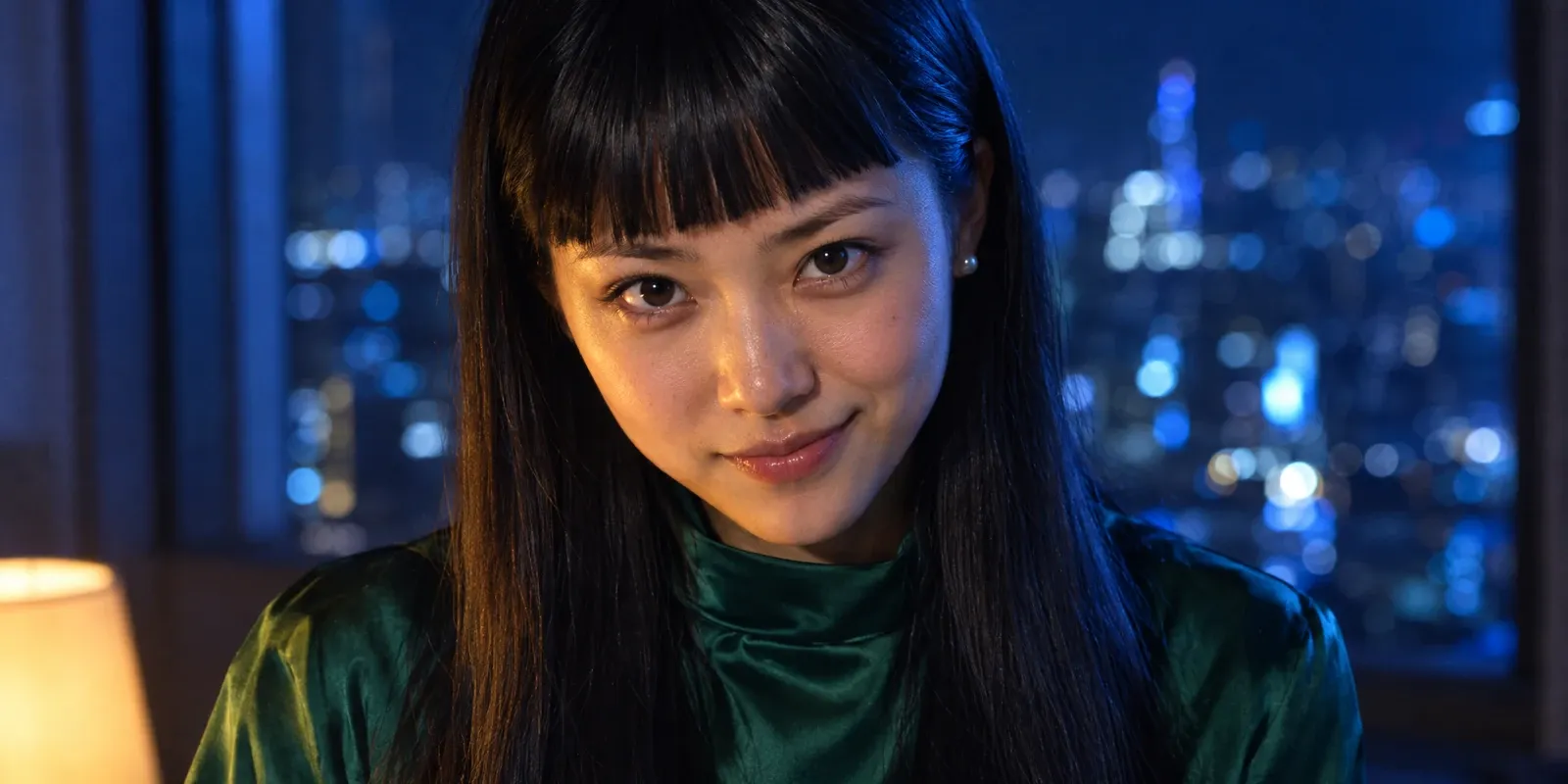 A young woman in her early twenties with long straight black hair and a heavy blunt fringe, in an emerald-green high-necked satin blouse, lit by cool blue window light and a small warm lamp from below, half-smiling, with blurred city lights behind the glass.