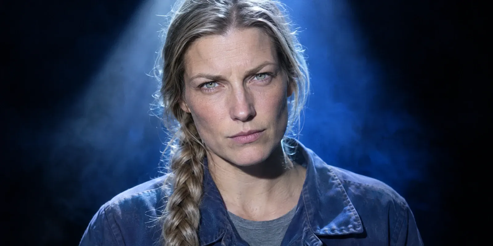 A tall woman in her mid-thirties with a long ash-blonde plait over one shoulder, in a faded blue work jacket over a grey T-shirt, lit from high above through white haze against black, eyes narrowed a little, unsmiling.