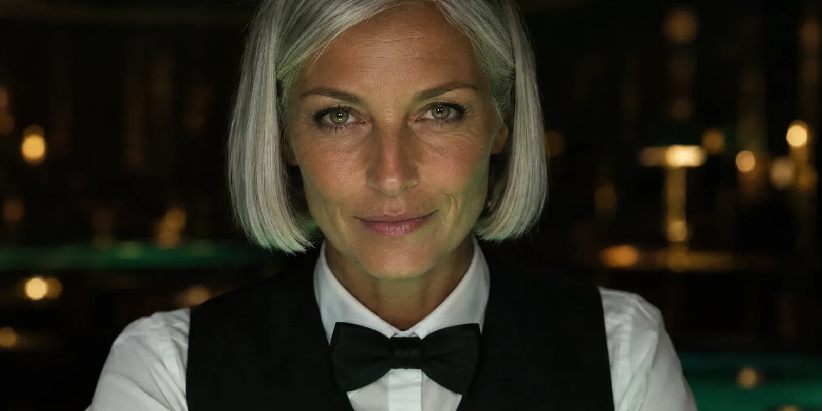 A slim woman of about fifty with a sharp silver bob cut at the jaw, in a white shirt, black waistcoat and black bow tie, lit from below by green-tinted light off a gaming table, composed, with a faint private smile, against a dark room with a few small gold points of light.