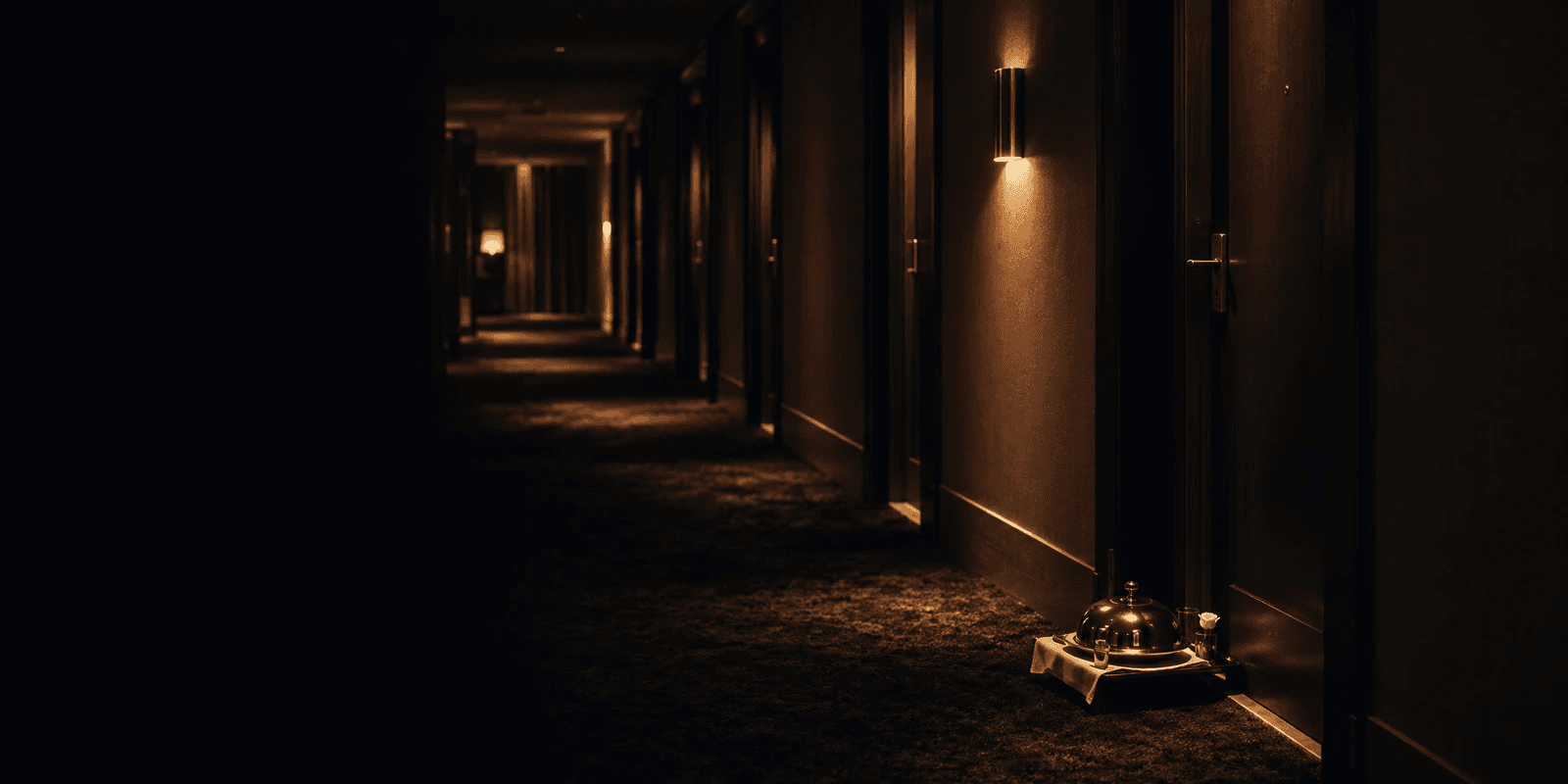A dim hotel corridor at night with a row of closed doors, one wall light and a covered room-service tray set outside a door.