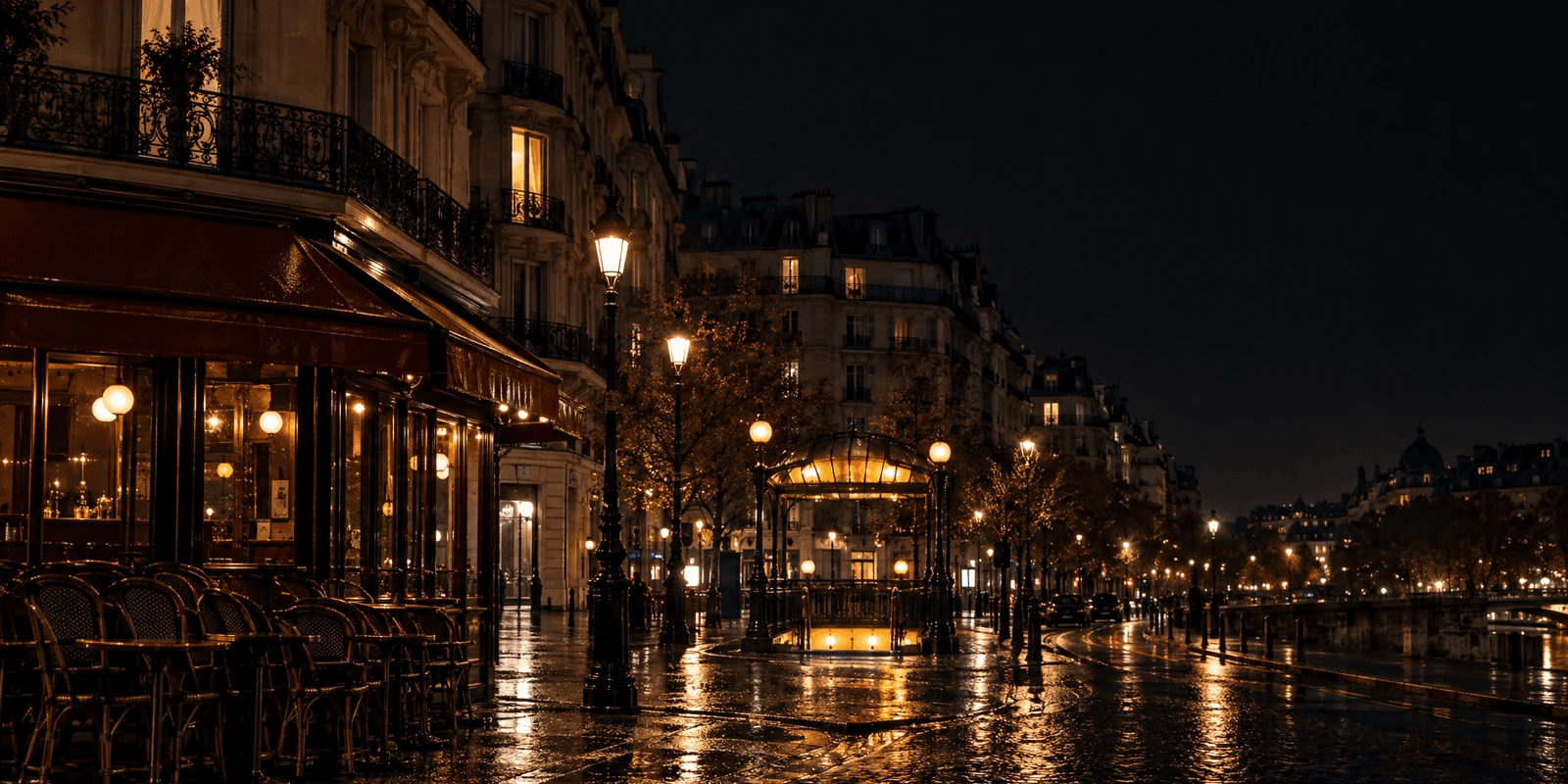 A rain-wet Paris boulevard at night, a red-awninged brasserie with stacked bentwood chairs and an amber Métro entrance among the streetlamps.