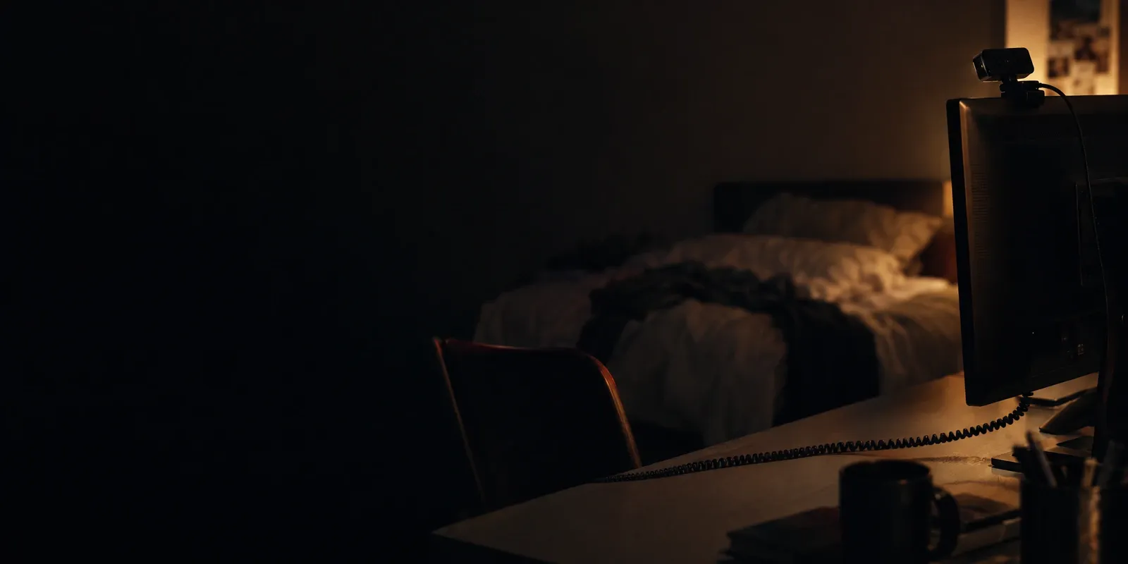 A clip-on webcam on an old monitor in a dim bedroom, its coiled cable trailing across the desk.