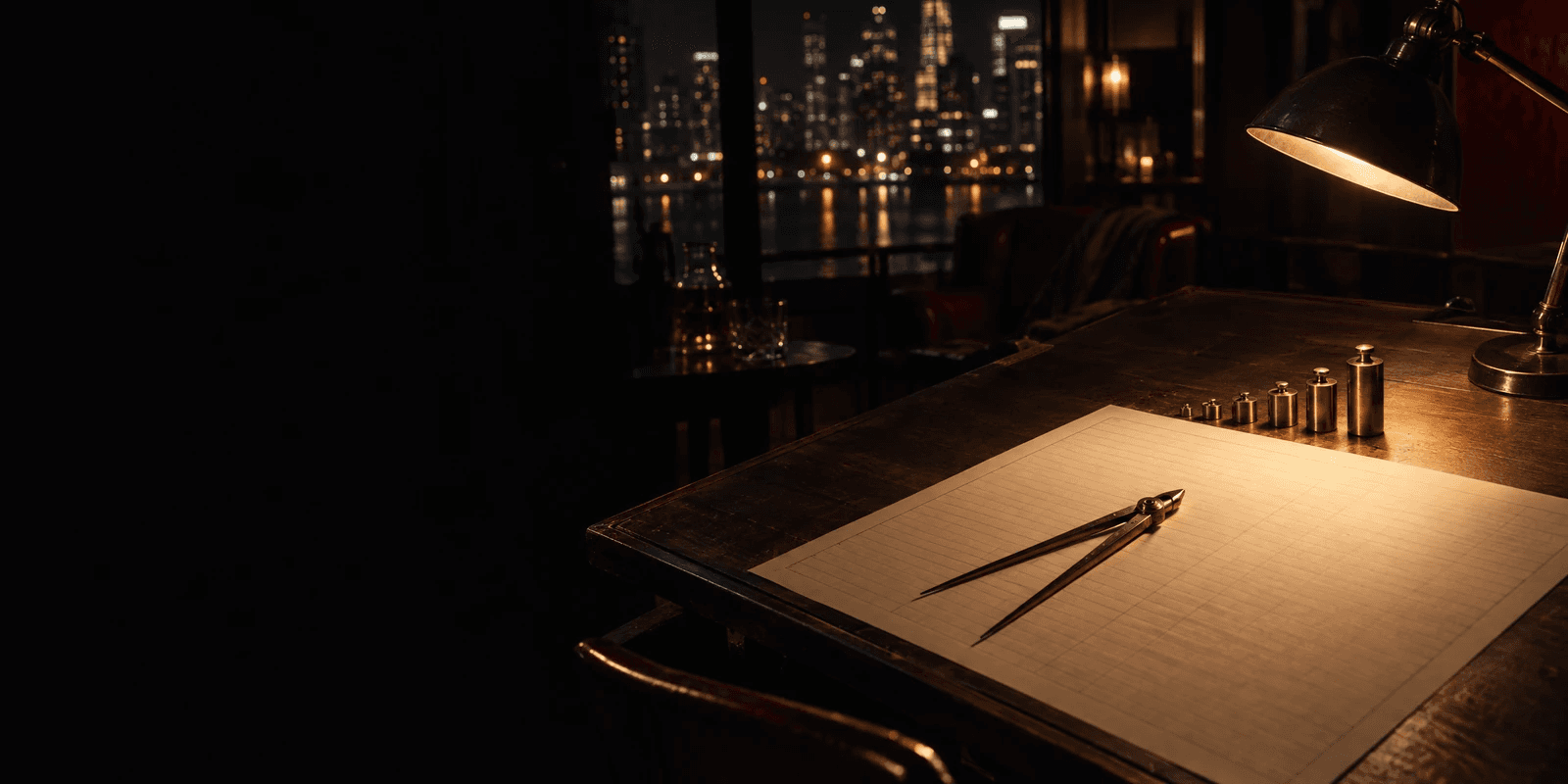 A blank ruled scoring sheet with brass dividers across it and six small brass weights in a row beside it, under a desk lamp at night.