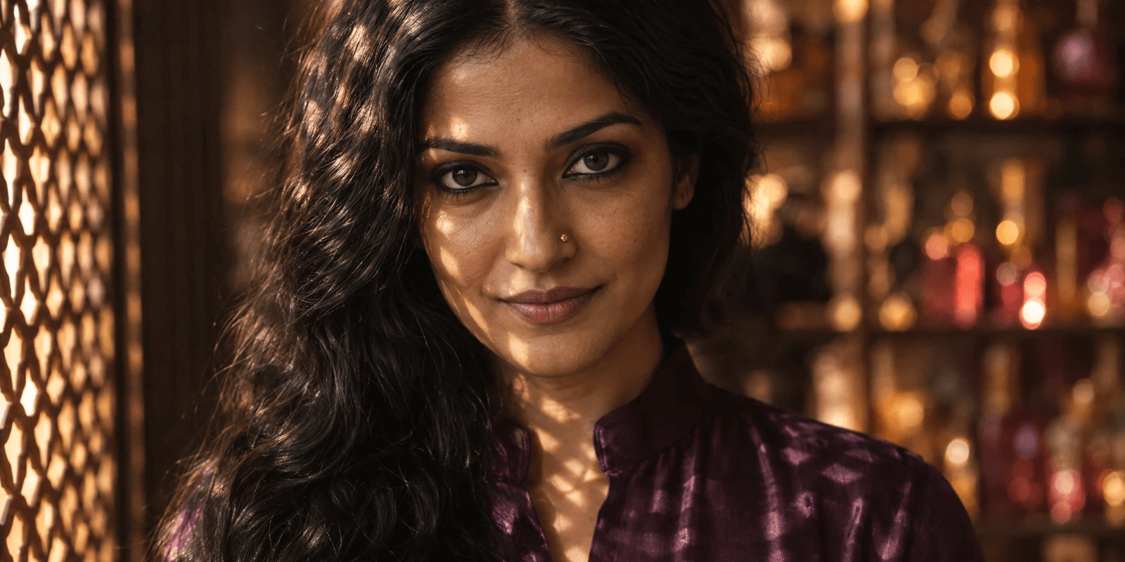 A woman in her early thirties with heavy wavy black hair over one shoulder, kohl-lined eyes and a small gold nose stud, in a deep plum silk tunic with a high collar, dappled with the warm patterned light of a carved lattice screen, a slow closed-lip smile, with blurred amber glass bottles behind her.