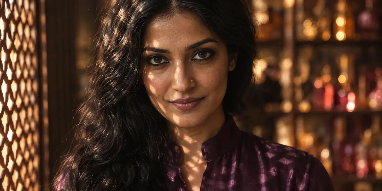A woman in her early thirties with heavy wavy black hair over one shoulder, kohl-lined eyes and a small gold nose stud, in a deep plum silk tunic with a high collar, dappled with the warm patterned light of a carved lattice screen, a slow closed-lip smile, with blurred amber glass bottles behind her.